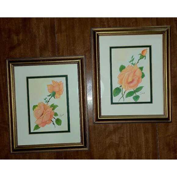 Pink Roses Drawings Original Signed By Joan Framed Matted 10x12 Set Of 2